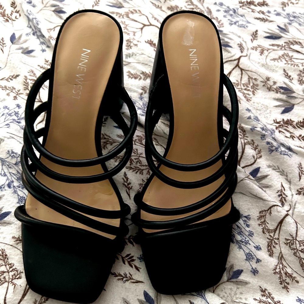 Black square toe mules with adjustable ankle straps